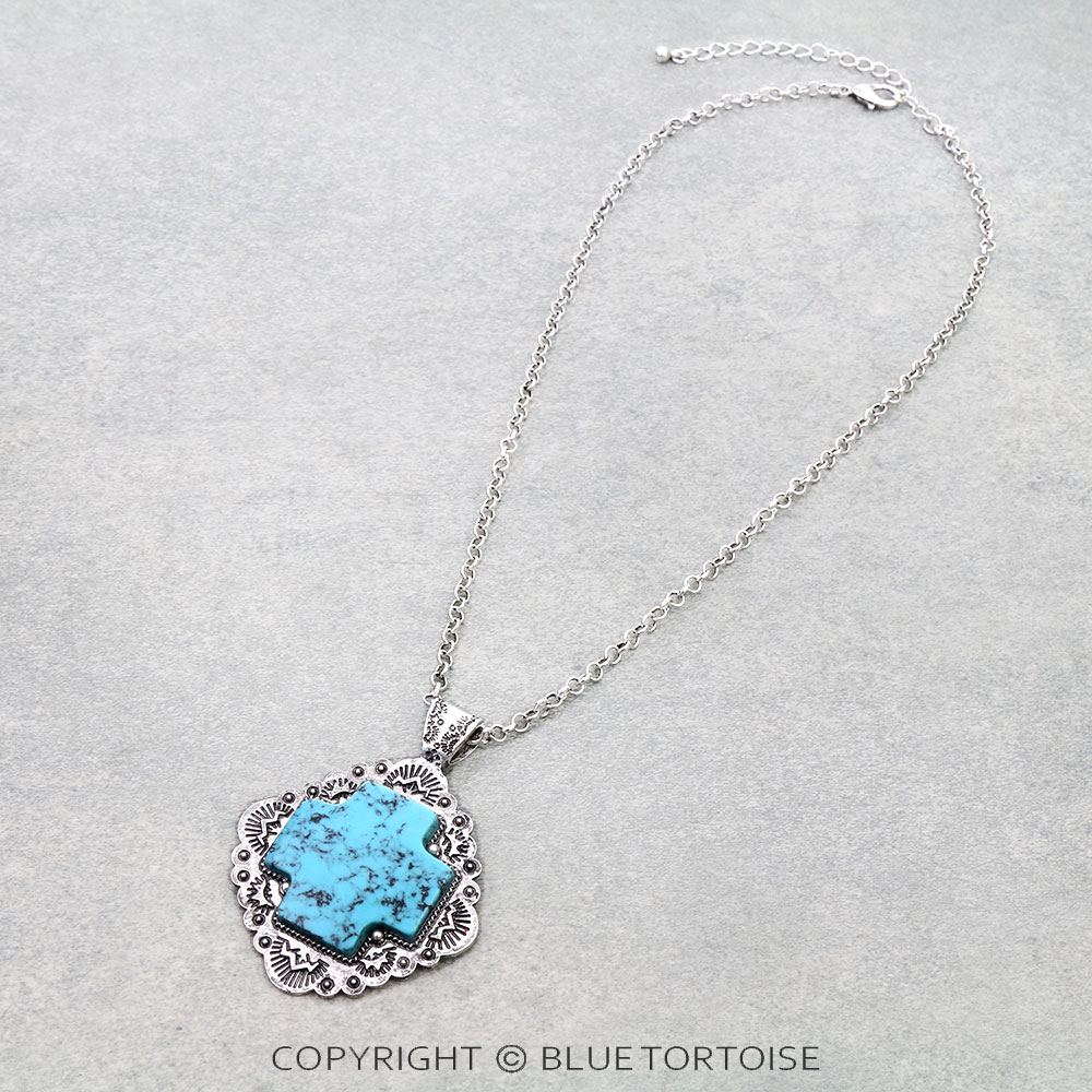 Western Cross Stone Pendant Necklace