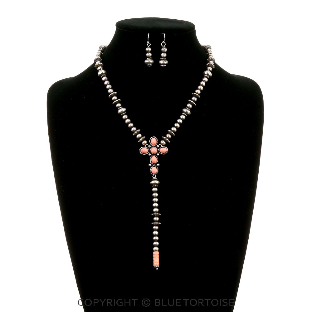 Navajo Style Pearl with Cross Stone Y Necklace Set - Image 2
