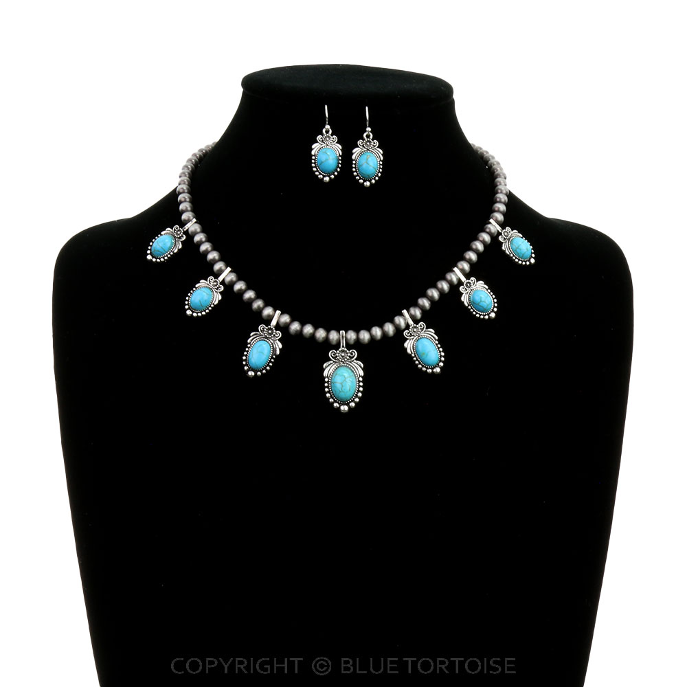 Navajo Style Pearl with Stone Necklace Set - Image 2