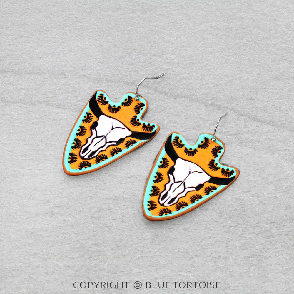 Western Steer Skull Tooled Leather Arrowhead Dangle Earrings