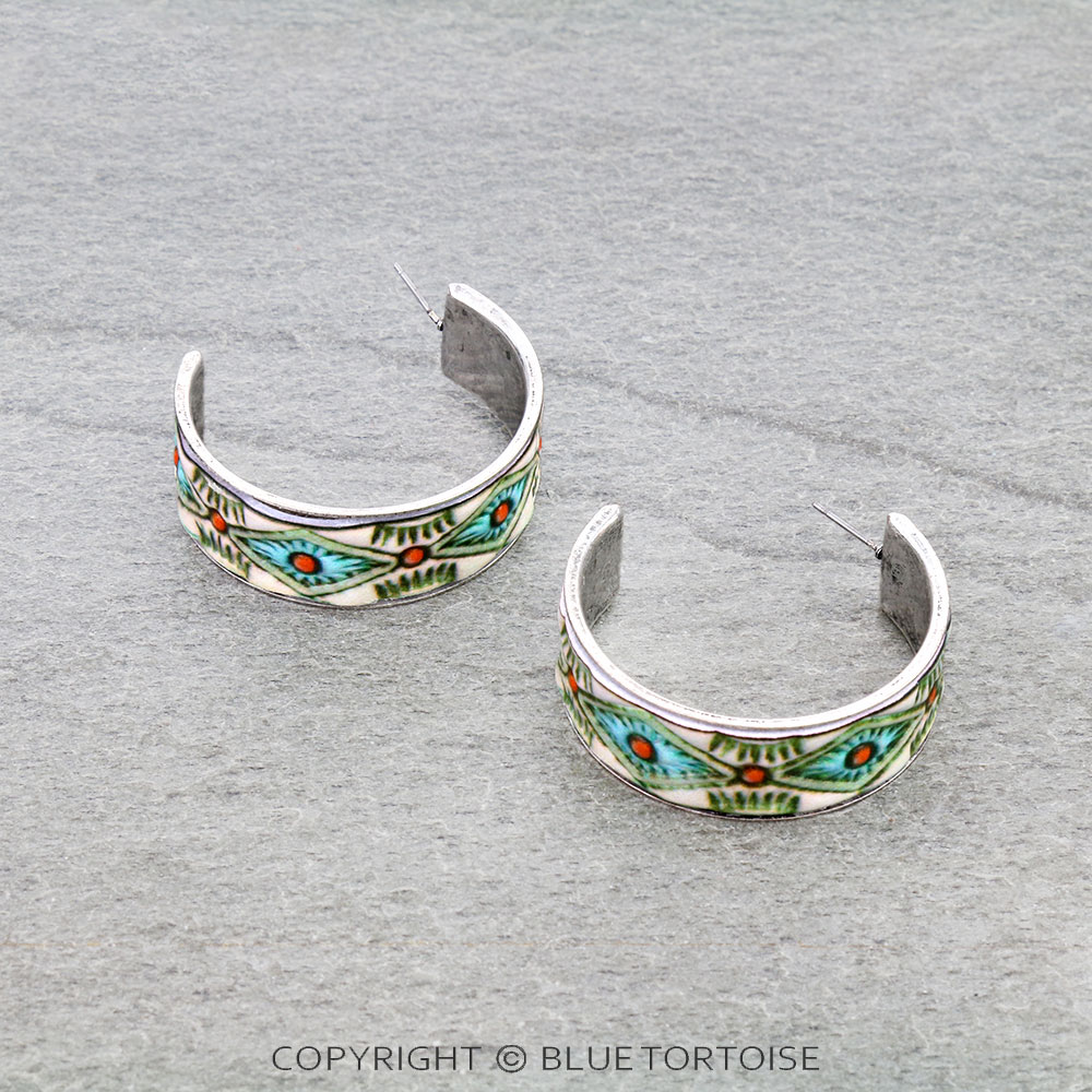 Western Aztec Tooled Leather Hoop Earrings