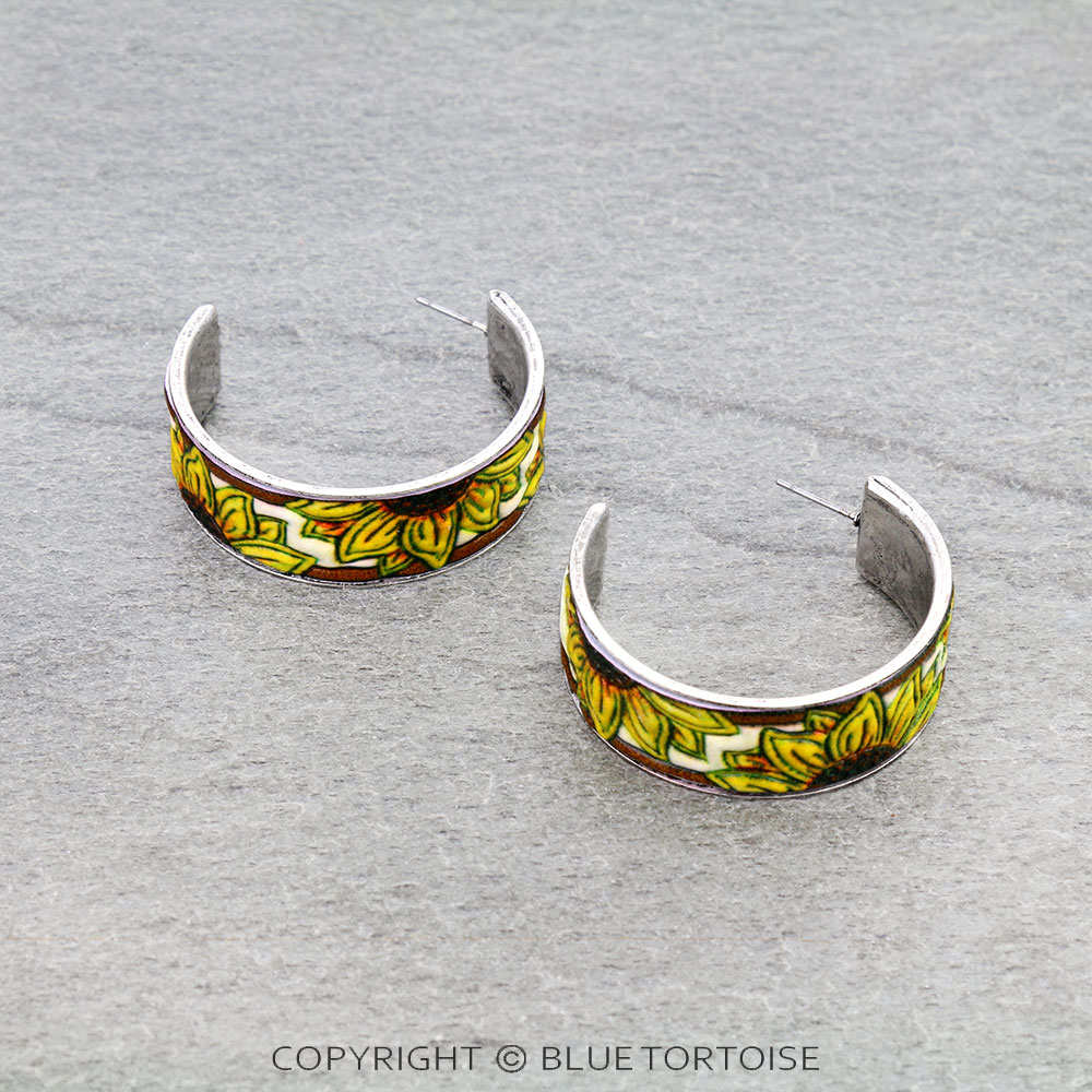 Western Sunflower Tooled Leather Hoop Earrings