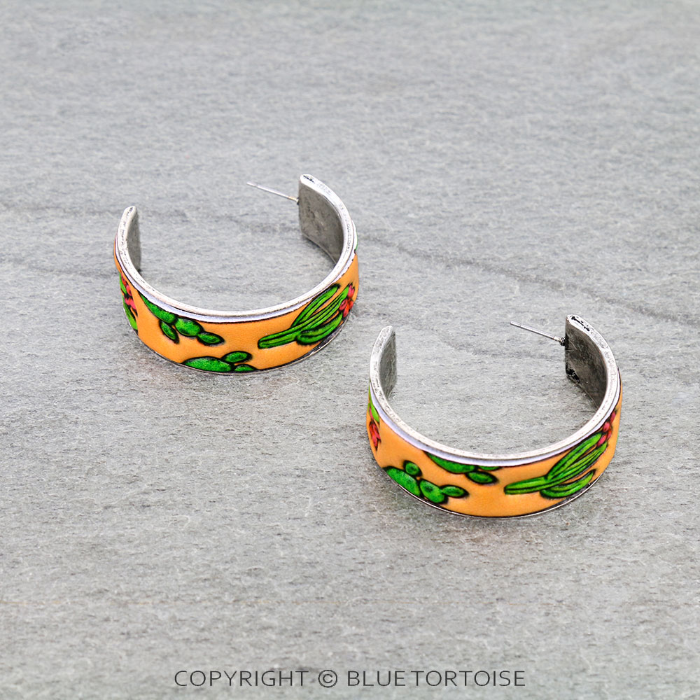 Western Cactus Tooled Leather Hoop Earrings