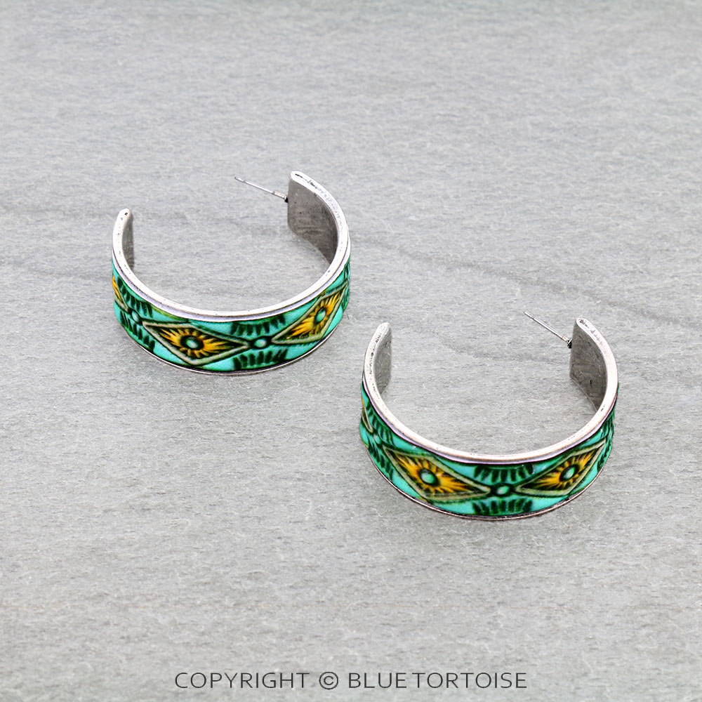 Western Aztec Tooled Leather Hoop Earrings