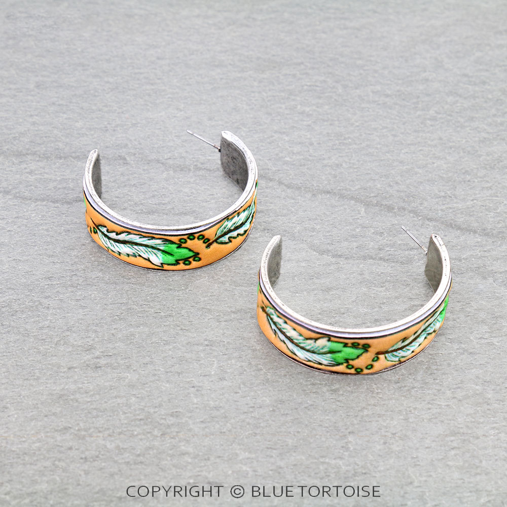 Western Feather Tooled Leather Hoop Earrings