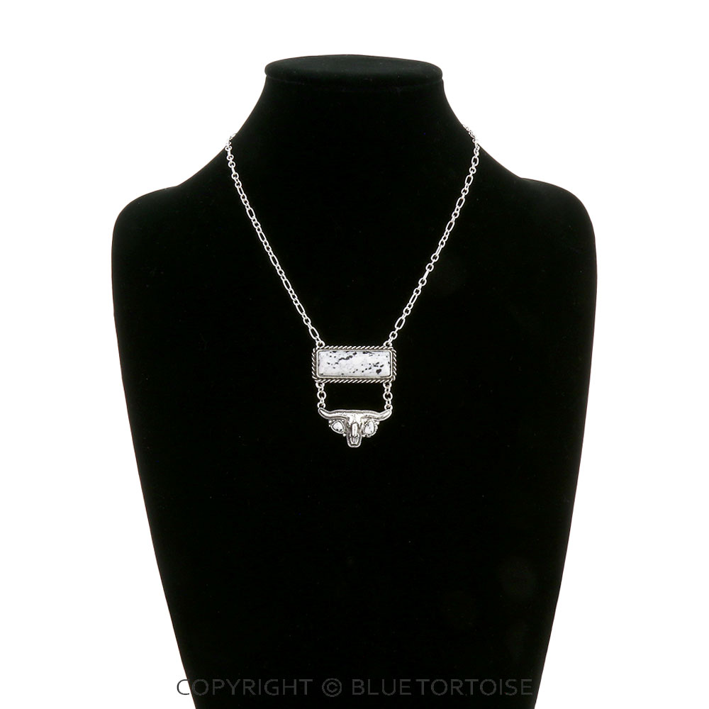 Western Steer Skull Bar Stone Necklace - Image 2