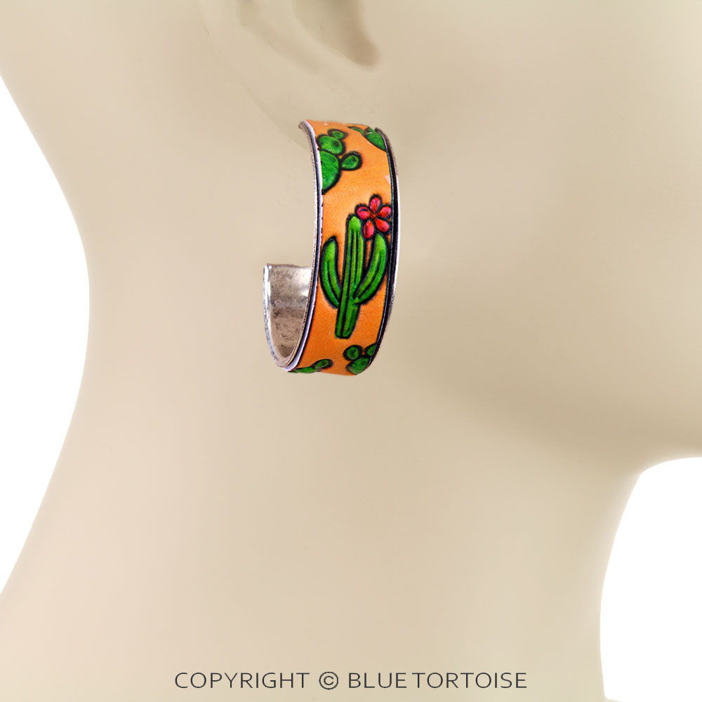 Western Cactus Tooled Leather Hoop Earrings - Image 2