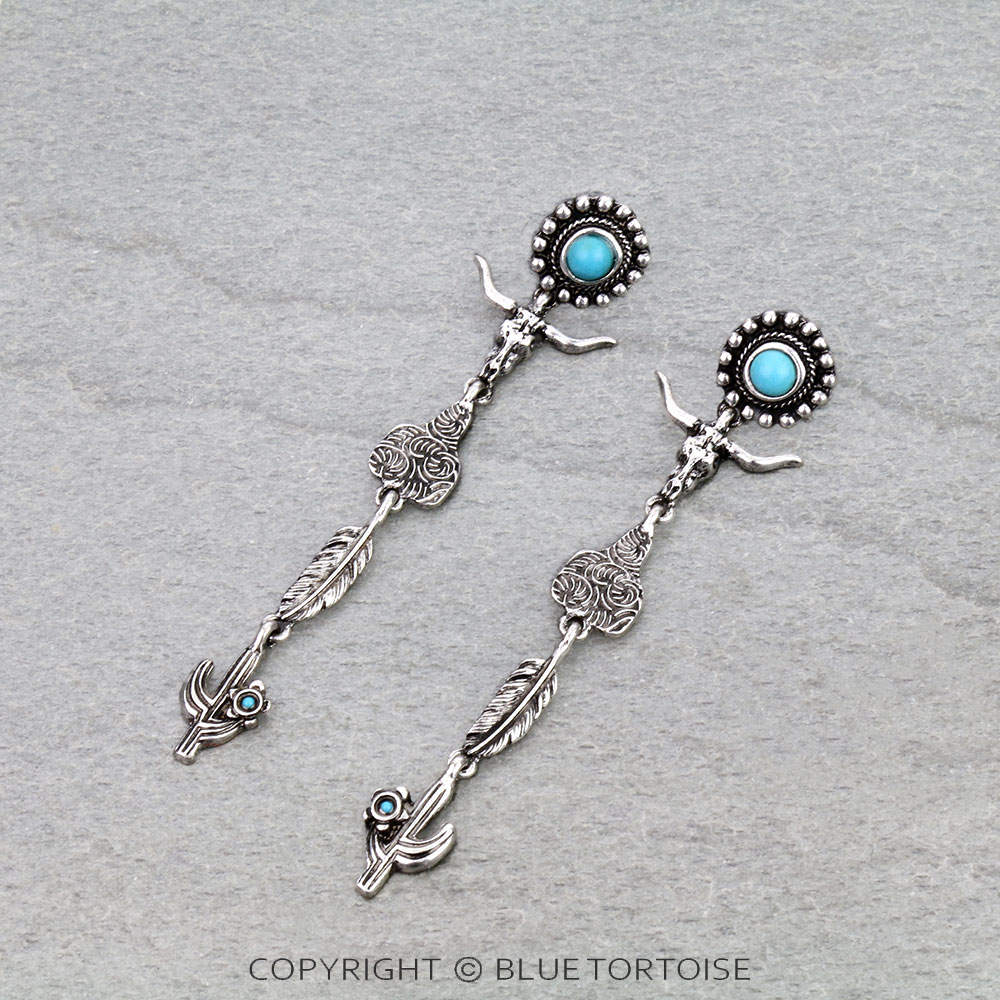 Western Steer Skull Theme Drop Stud Earrings