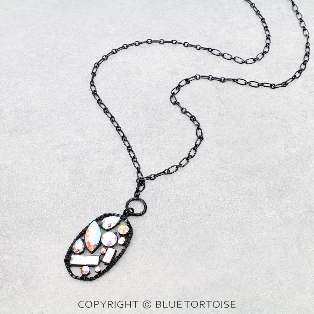 Hexagon Shape Sunburst Texture Frame AB Stone Pendant Necklace - Image 3