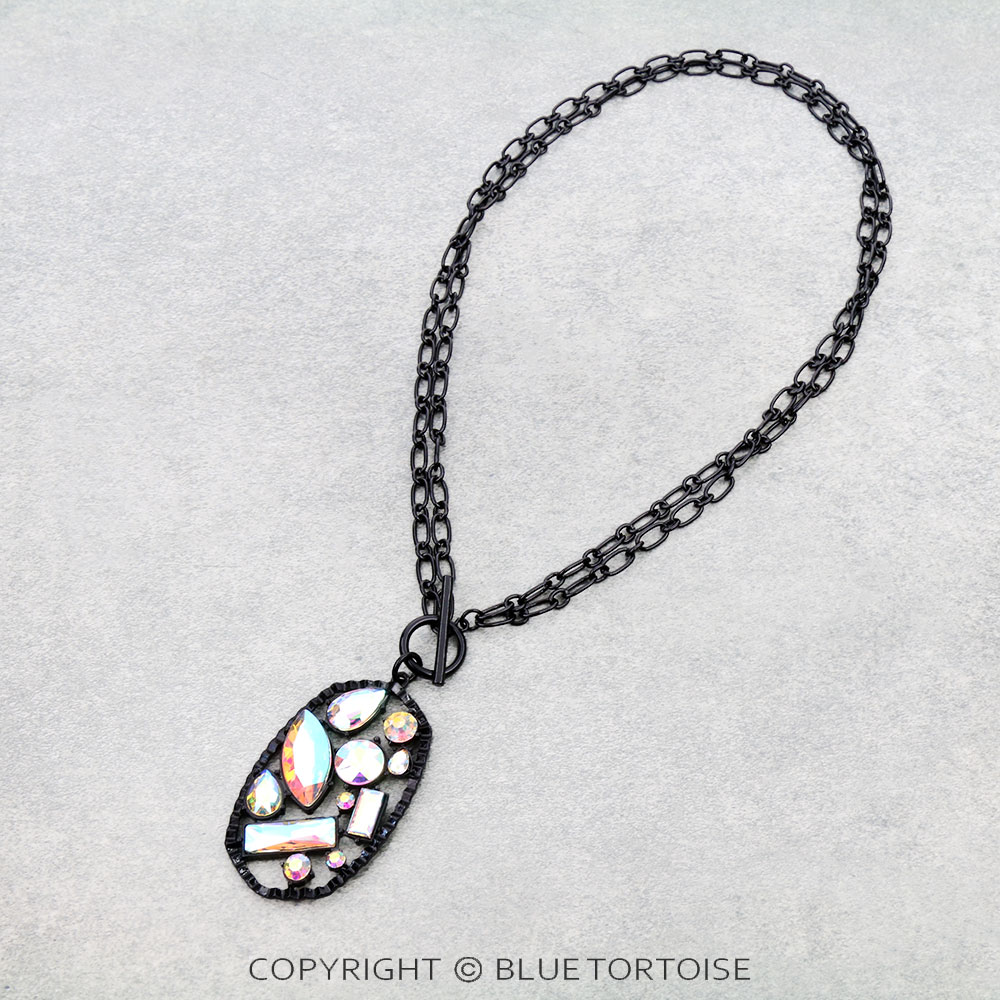 Hexagon Shape Sunburst Texture Frame AB Stone Pendant Necklace
