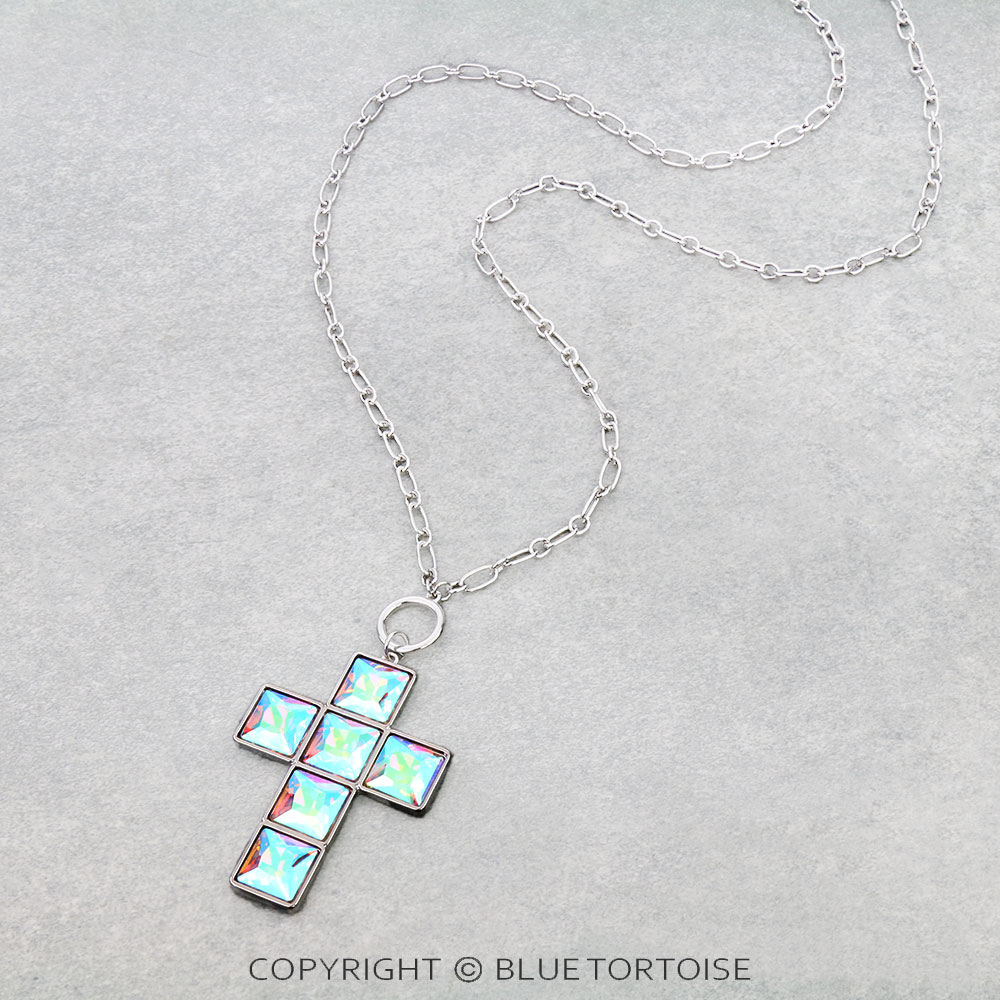 Cross Shape AB Stone Pendant Necklace - Image 3