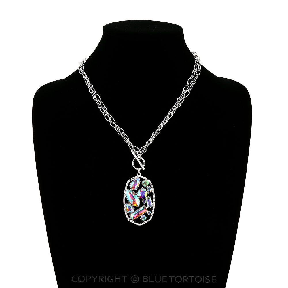 Hexagon Shape Sunburst Texture Frame AB Stone Pendant Necklace - Image 2