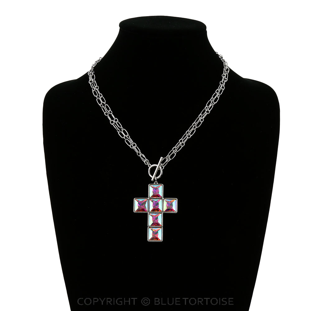 Cross Shape AB Stone Pendant Necklace - Image 2