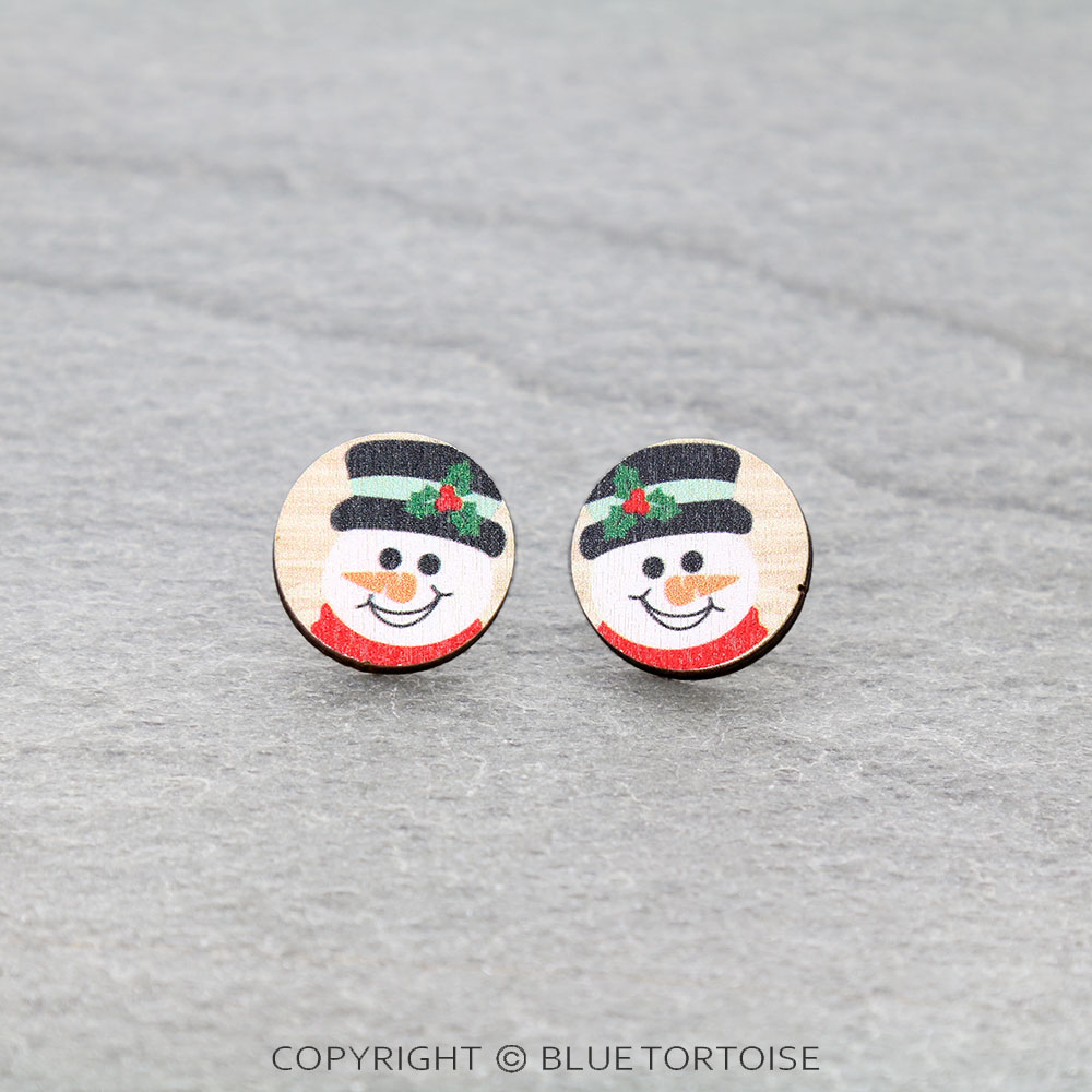 Christmas Snowman Wooden Stud Earrings
