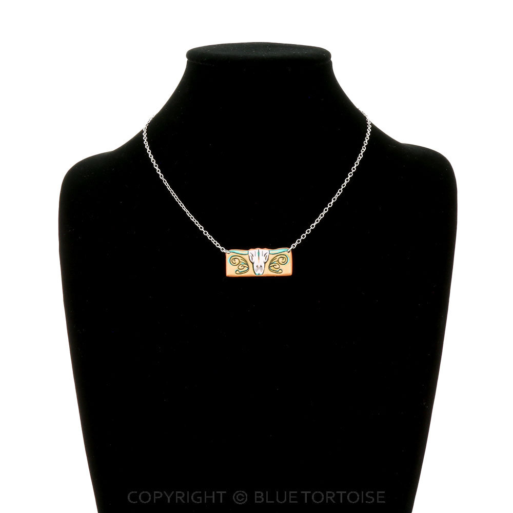 Western Steer Skull Tooled Leather Bar Necklace - Image 2