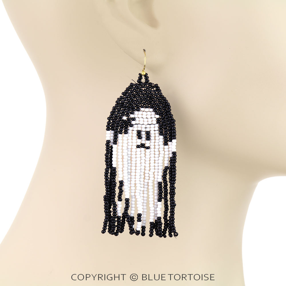 Halloween Ghost Seed Bead Dangle Earrings - Image 2