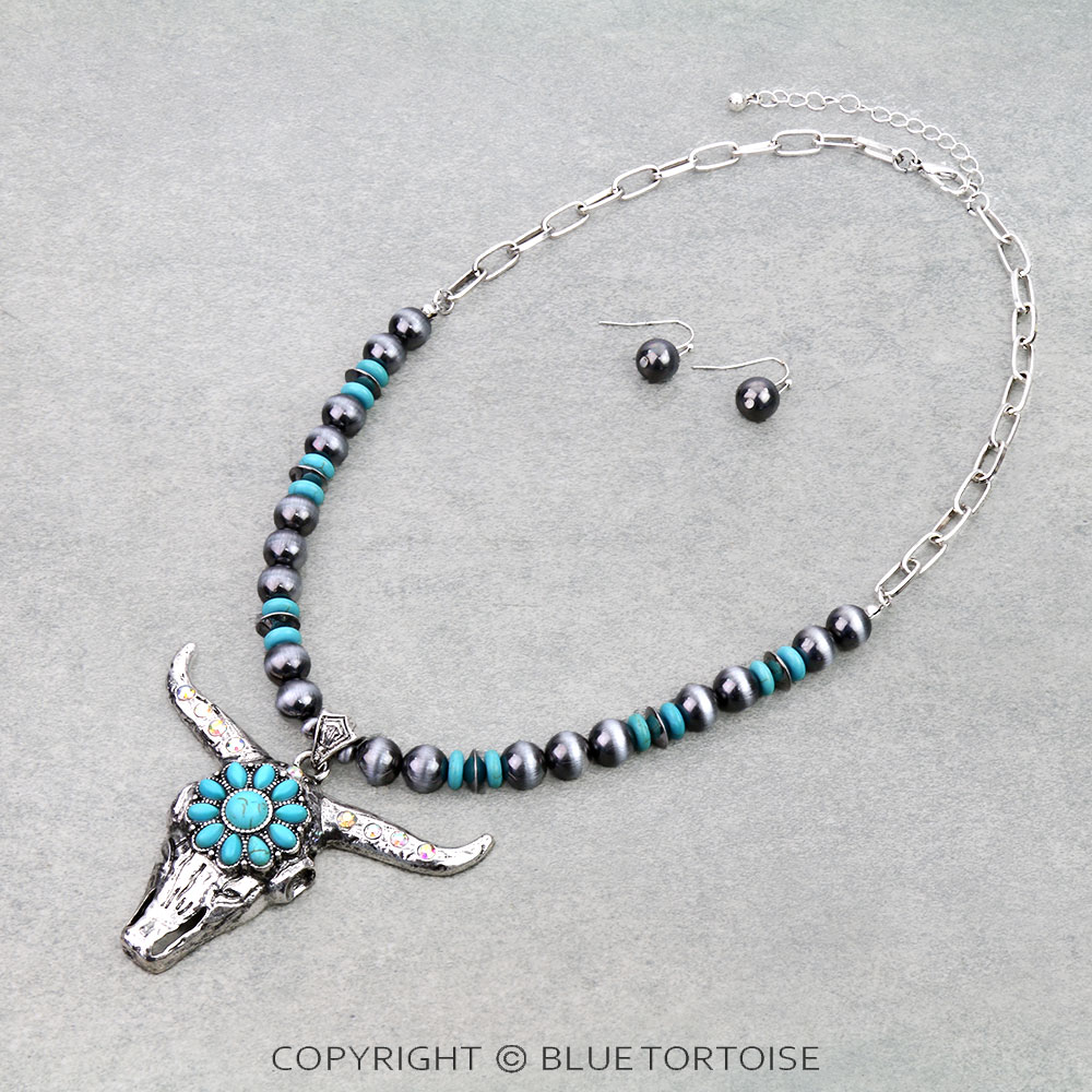 Western Steer Skull Pendant Necklace Set