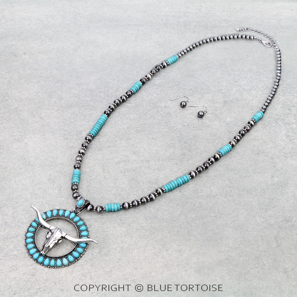 Western Steer Skull Pendant Necklace Set