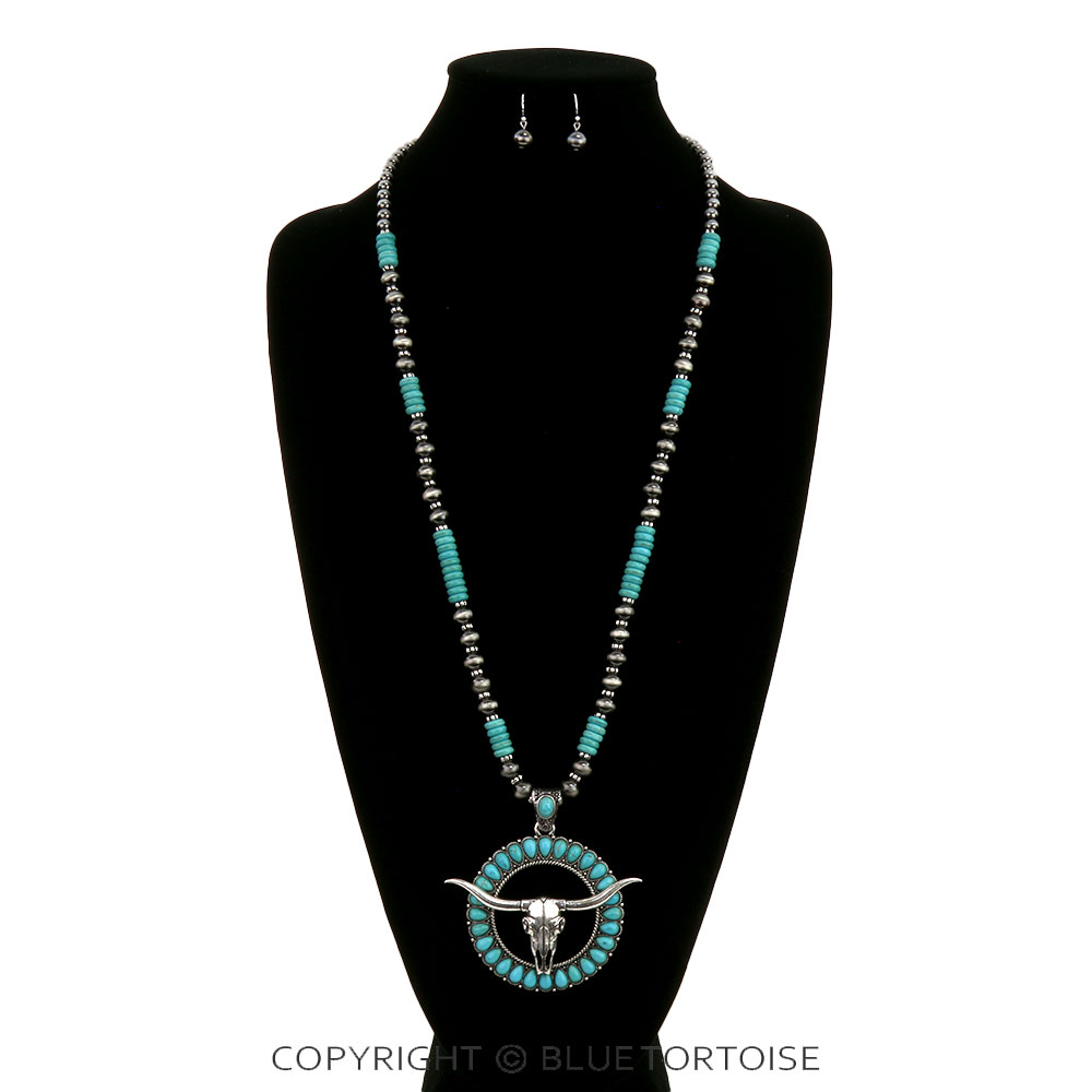 Western Steer Skull Pendant Necklace Set - Image 2