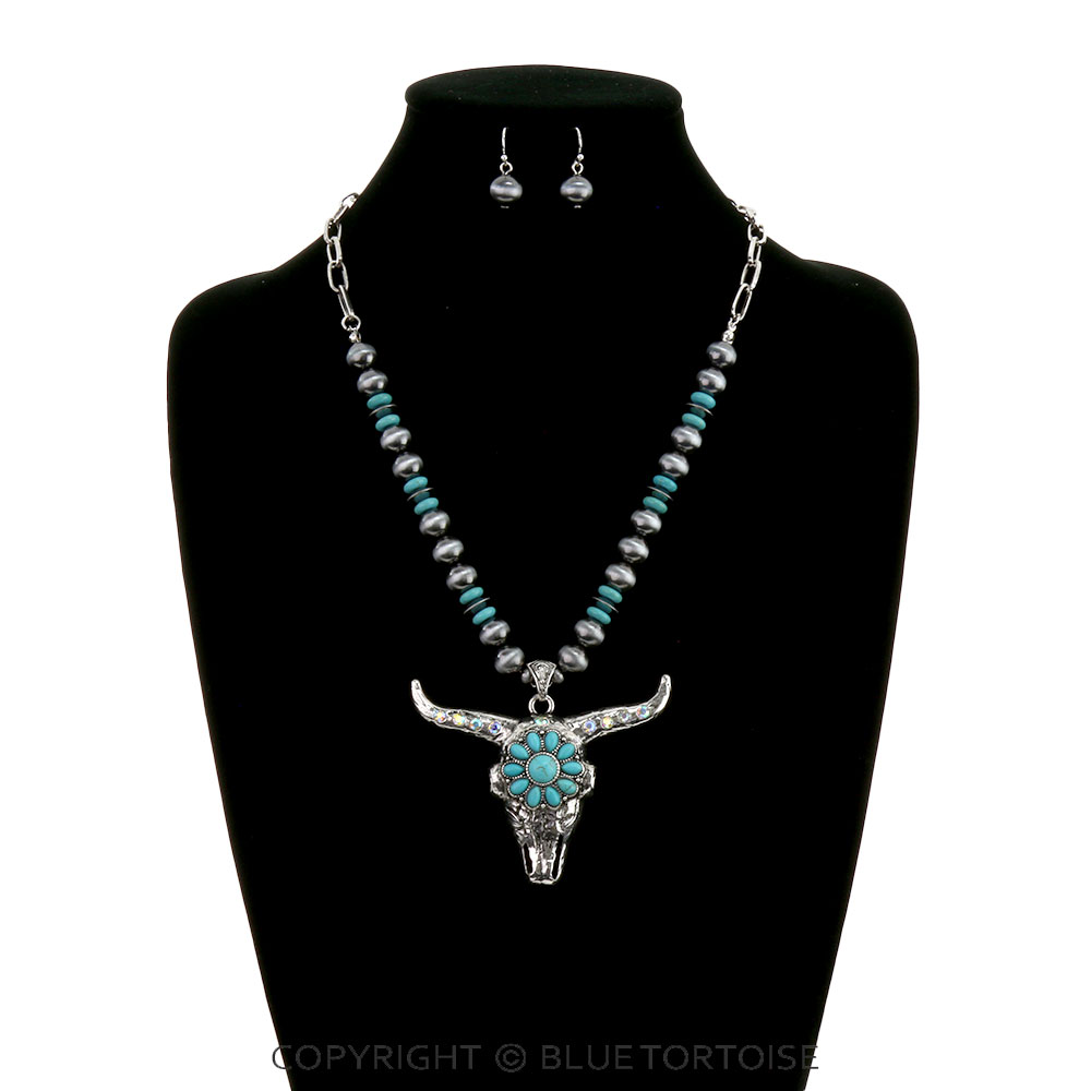 Western Steer Skull Pendant Necklace Set - Image 2