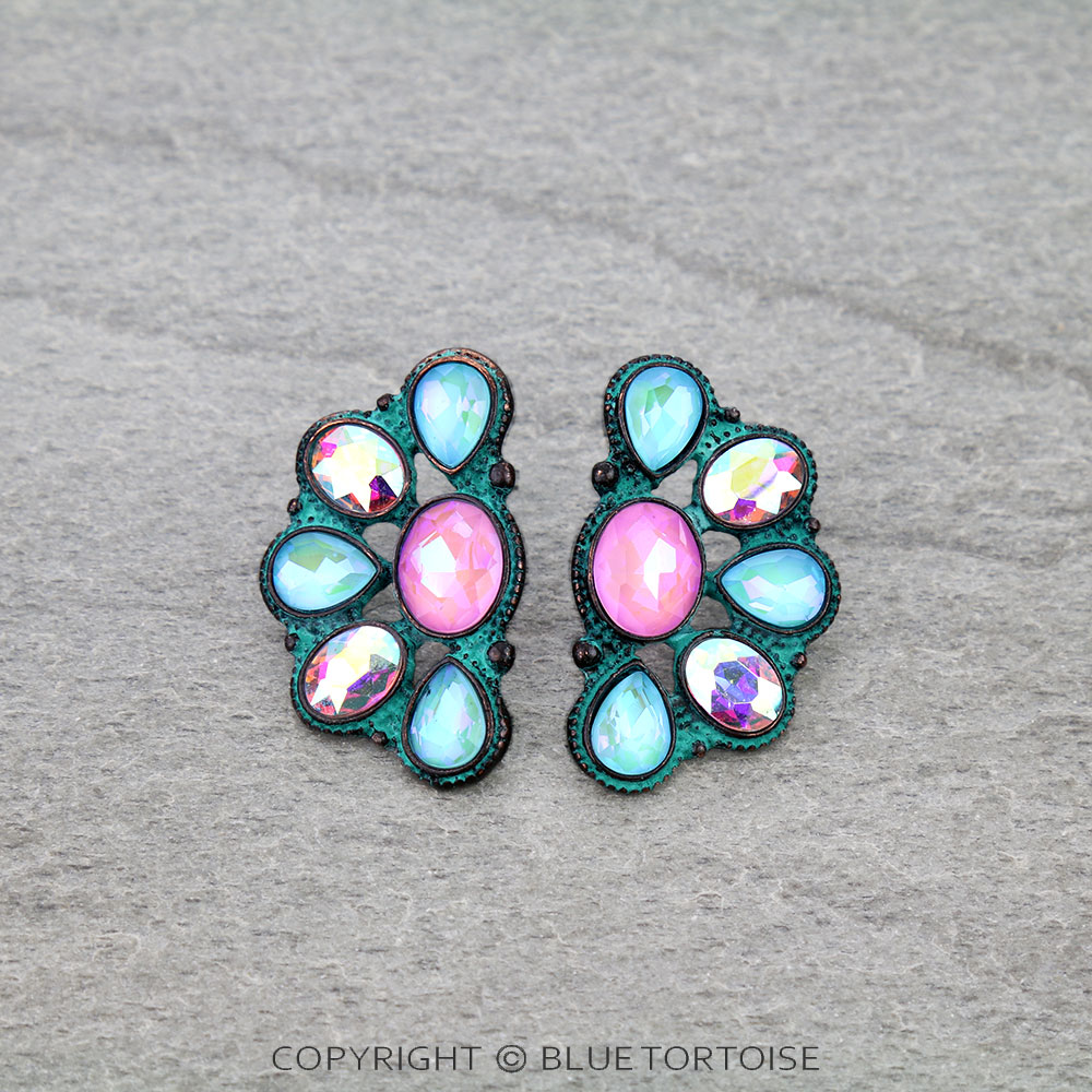 Western Glass Stone Half Flower Stud Earrings