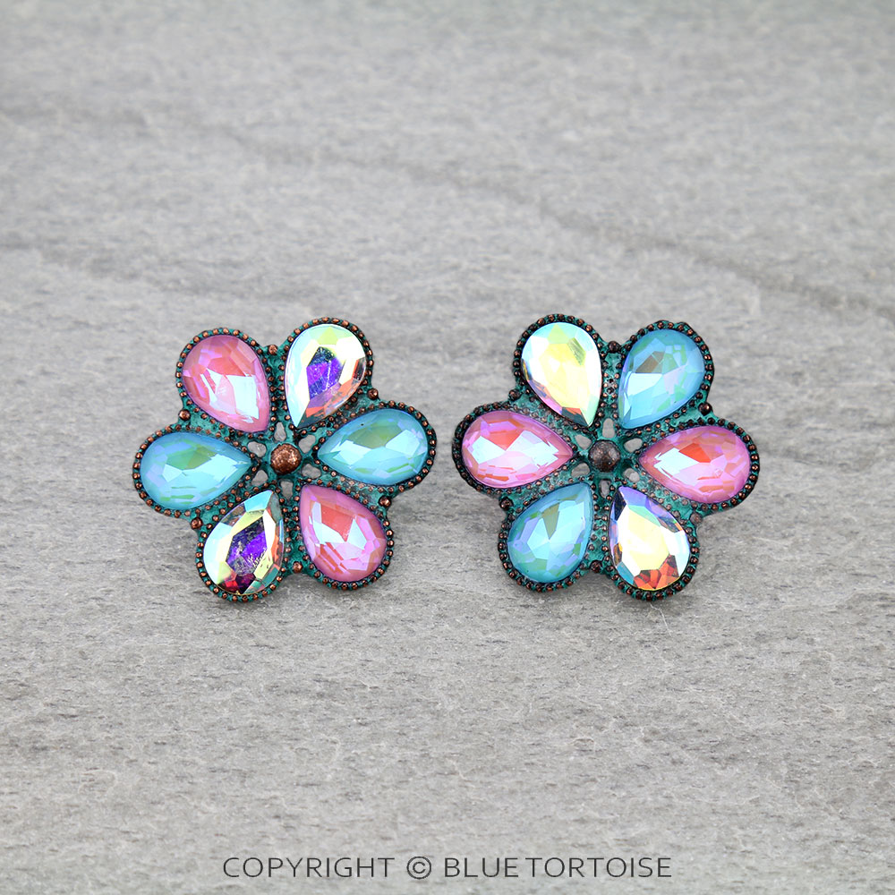 Western Glass Stone Flower Stud Earrings
