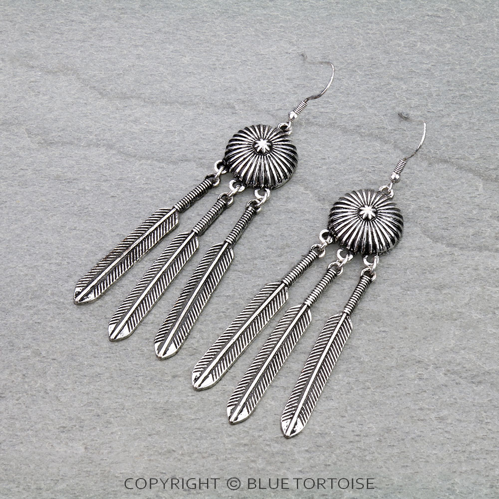 Western Concho Feather Dangle Earrings