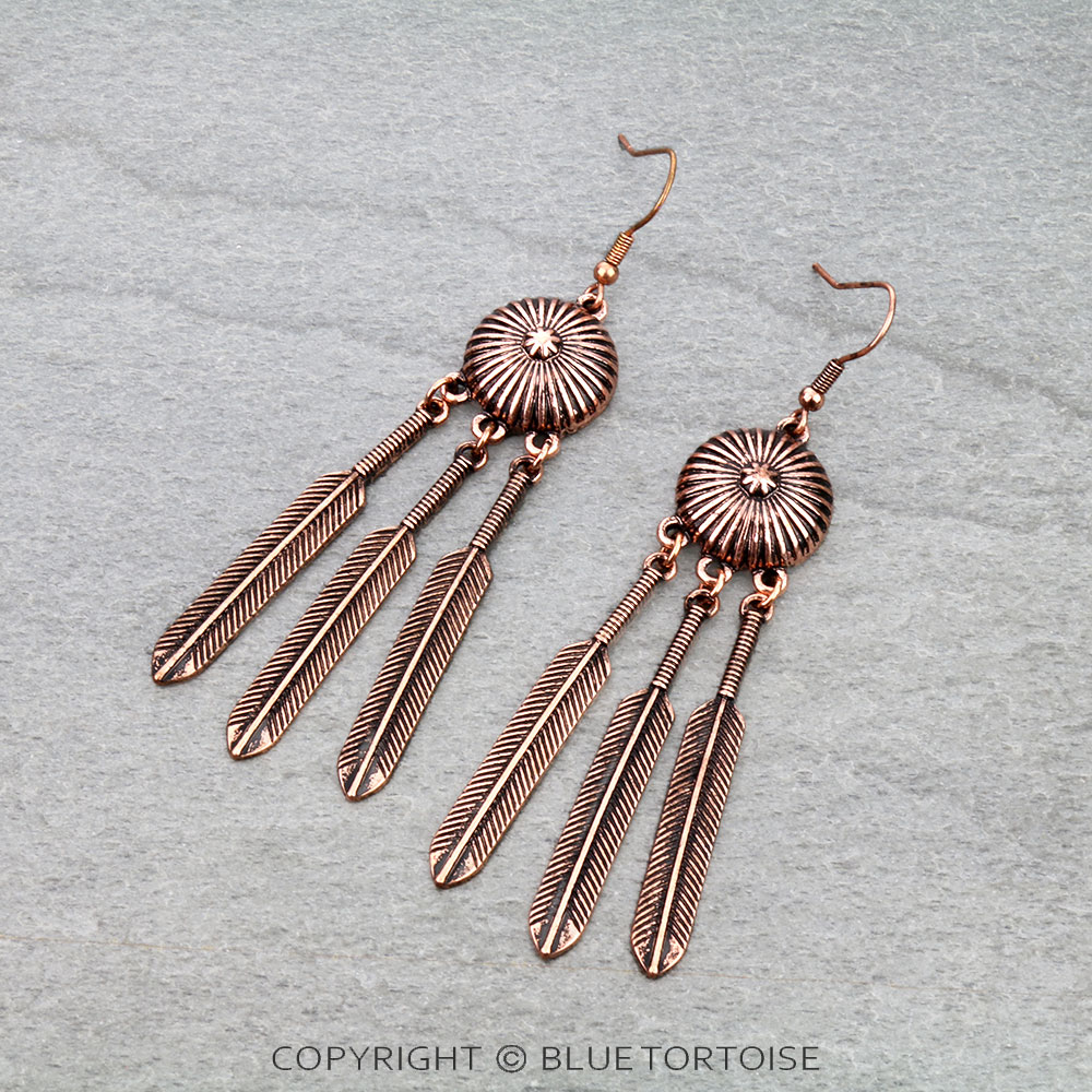 Western Concho Feather Dangle Earrings