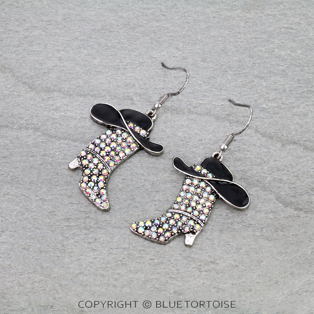 Western Cowboy Boot Rhinestone Dangle Earrings