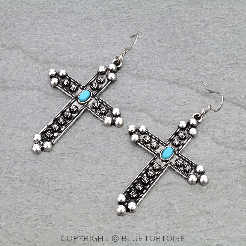 Western Cross Stone Dangle Earrings