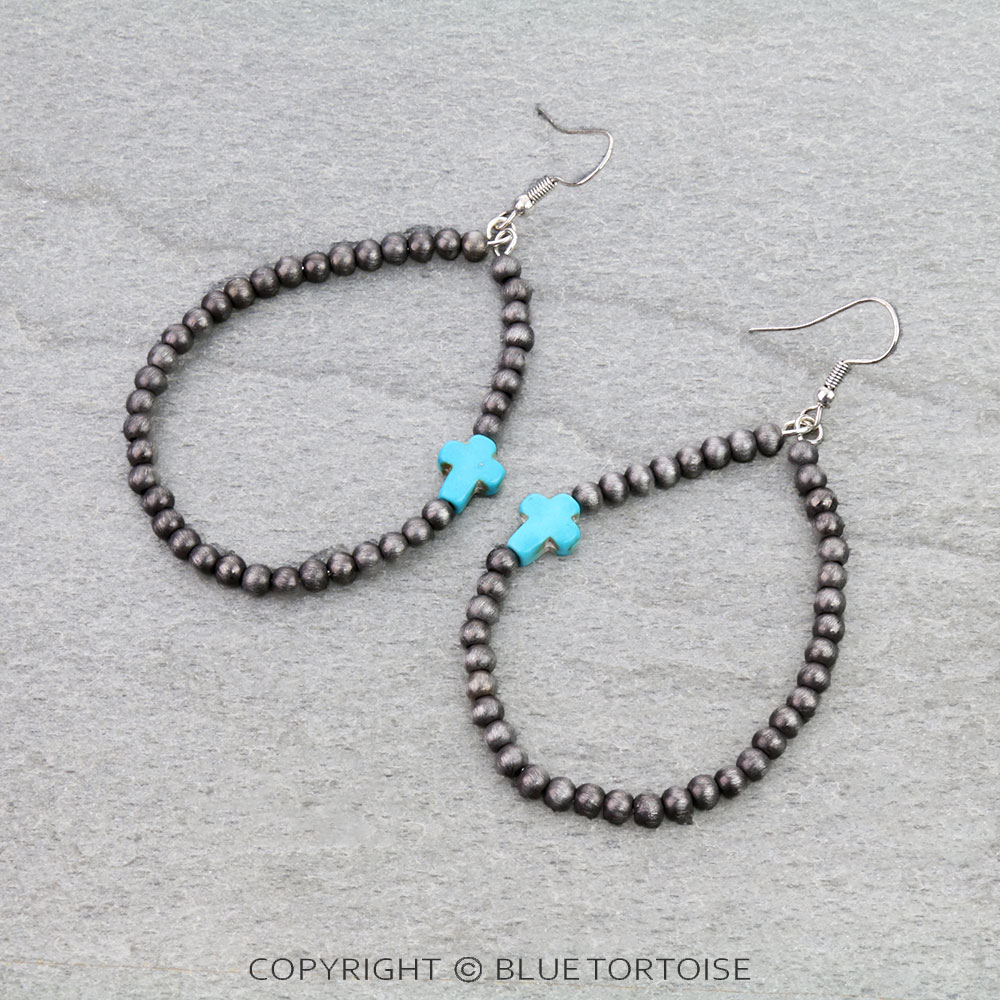 Navajo Style Pearl Teardrop with Cross Dangle Earrings