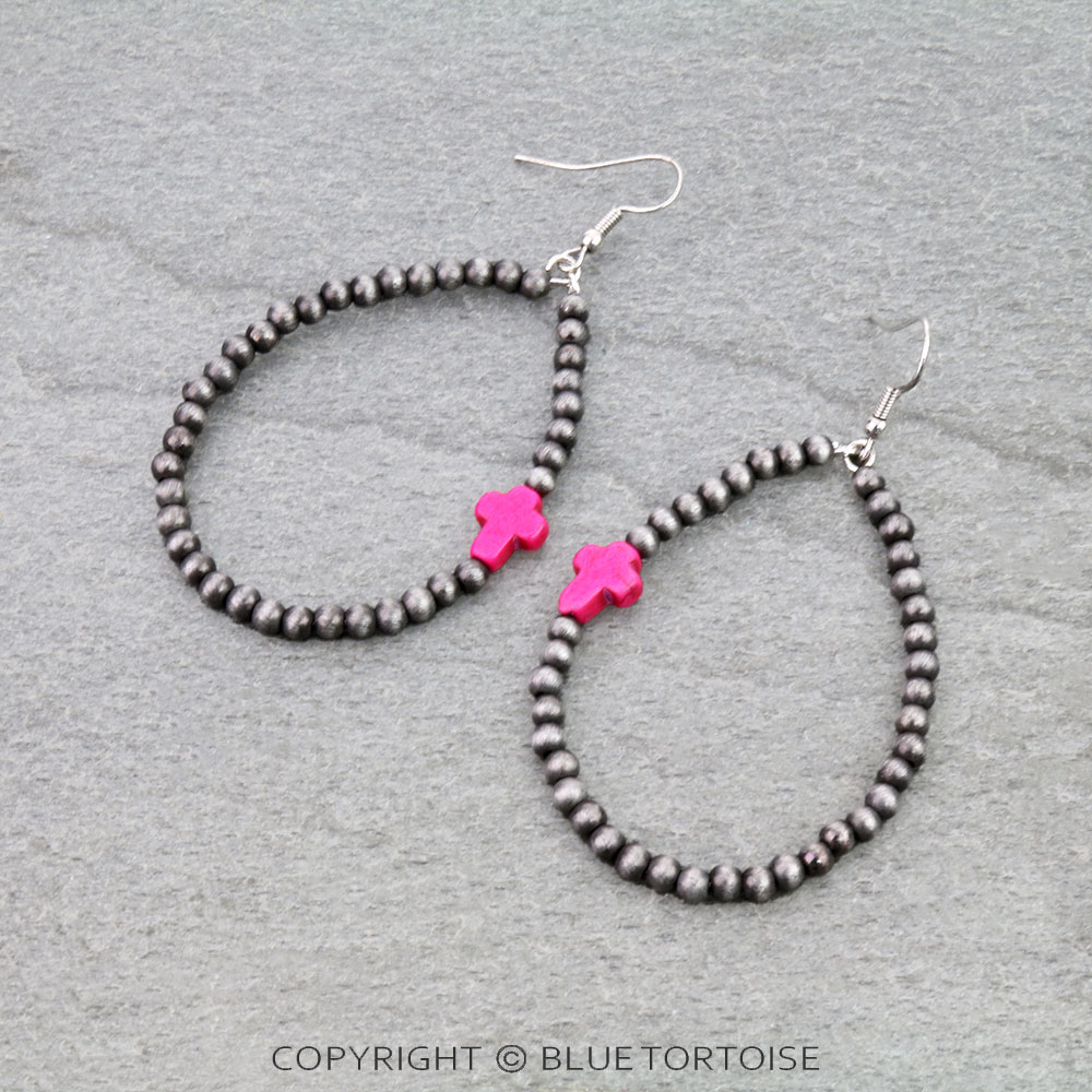 Navajo Style Pearl Teardrop with Cross Dangle Earrings