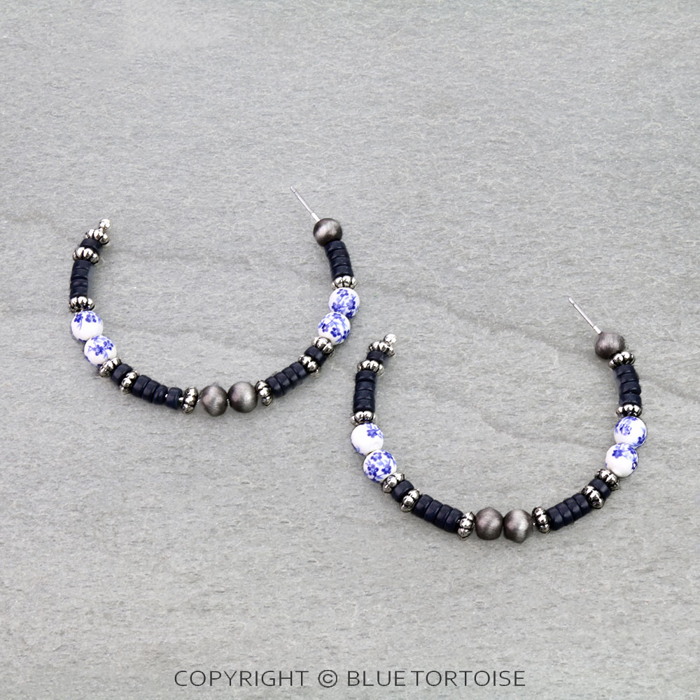 Western Porcelain Floral Bead Hoop Earrings