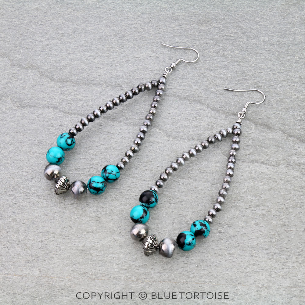 Navajo Style Pearl & Bead Teardrop Dangle Earrings