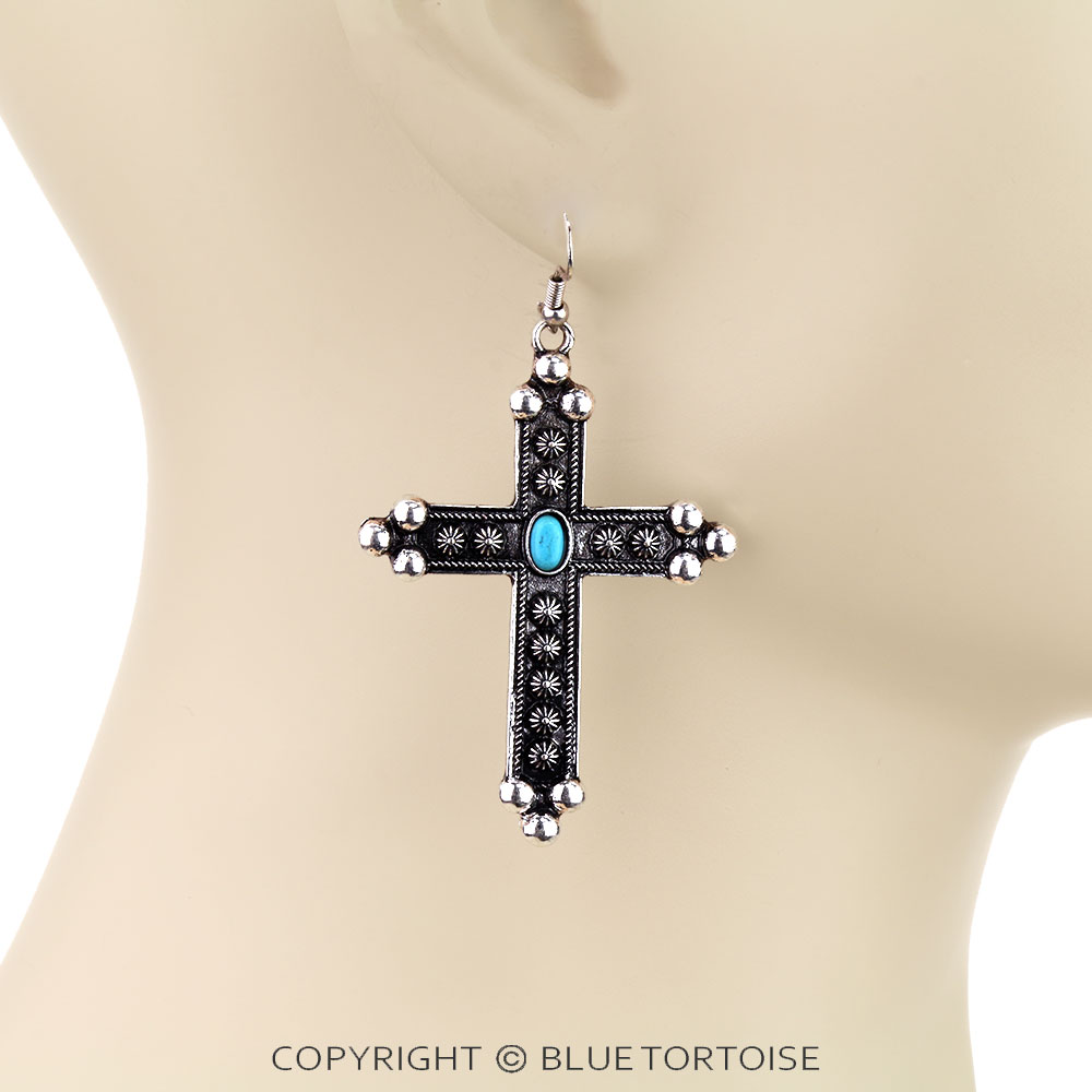 Western Cross Stone Dangle Earrings - Image 2