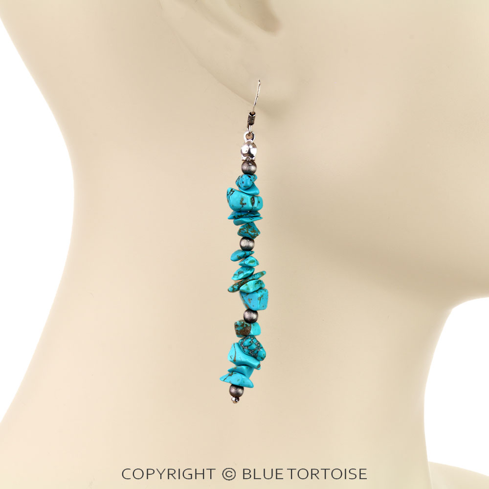 Navajo Style Pearl & Chip Stone Dangle Earrings - Image 2