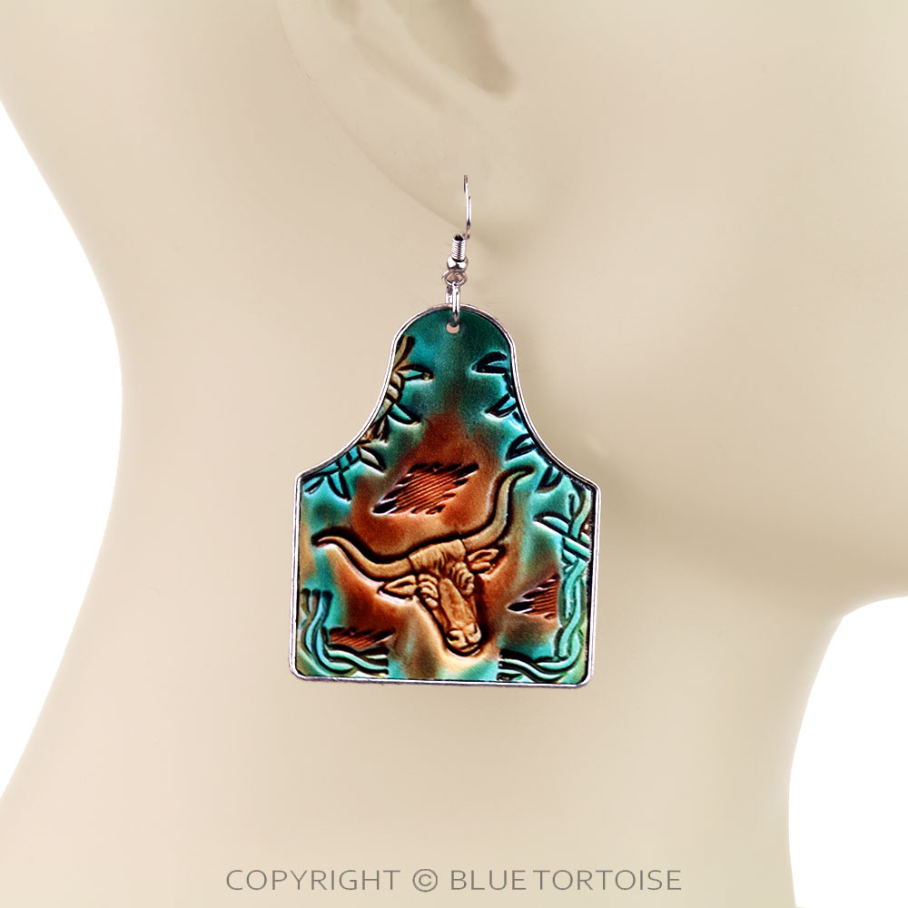 Western Steer Cow Leather Ear Tag Dangle Earrings - Image 2