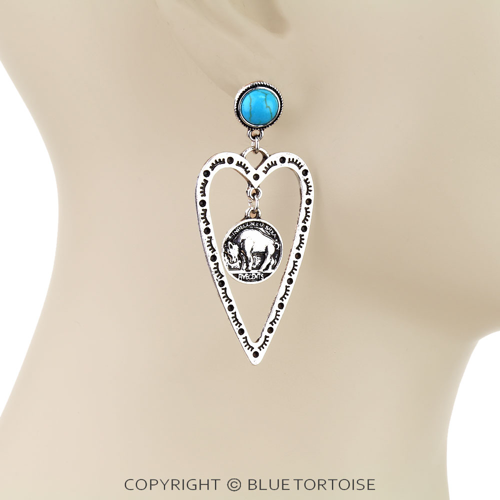 Western Buffalo Coin Heart Stud Earrings - Image 2