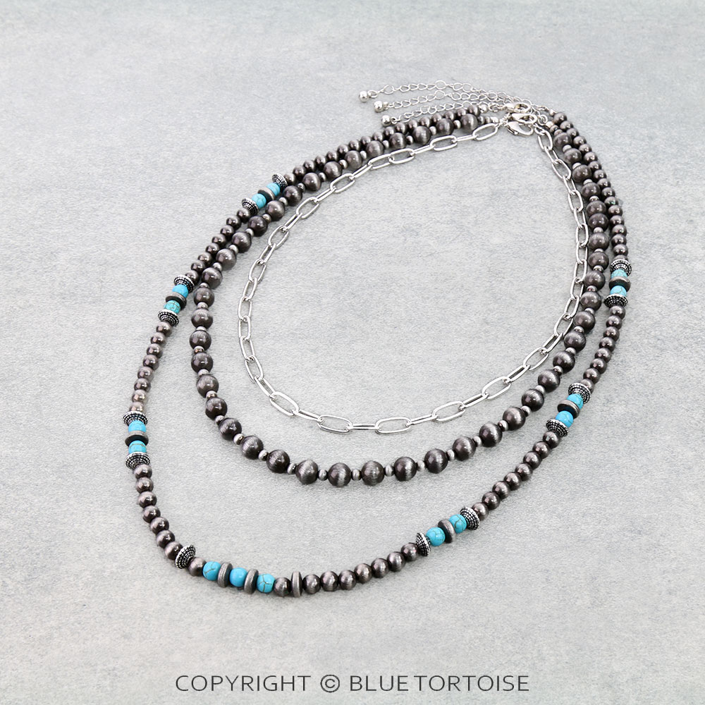 3 Layer Navajo Style Pearl, Bead & Chain Necklace