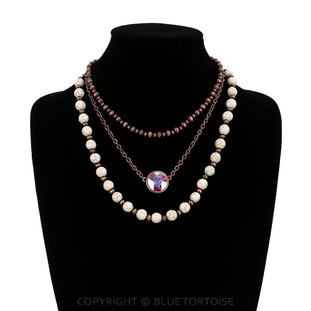 3 Layer Navajo Style Pearl & Bead Necklace - Image 2