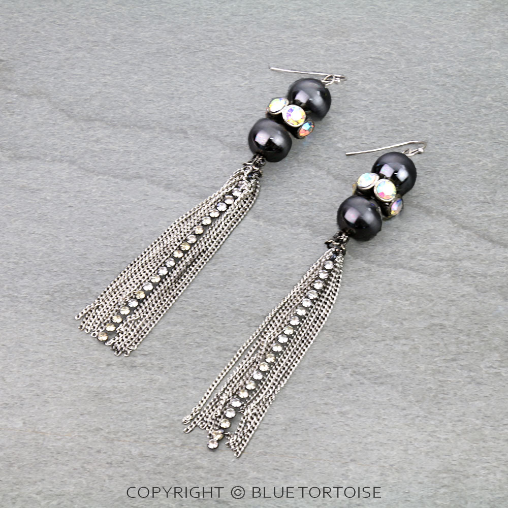 Navajo Style Pearl with Stone & Metal Tassel Dangle Earrings