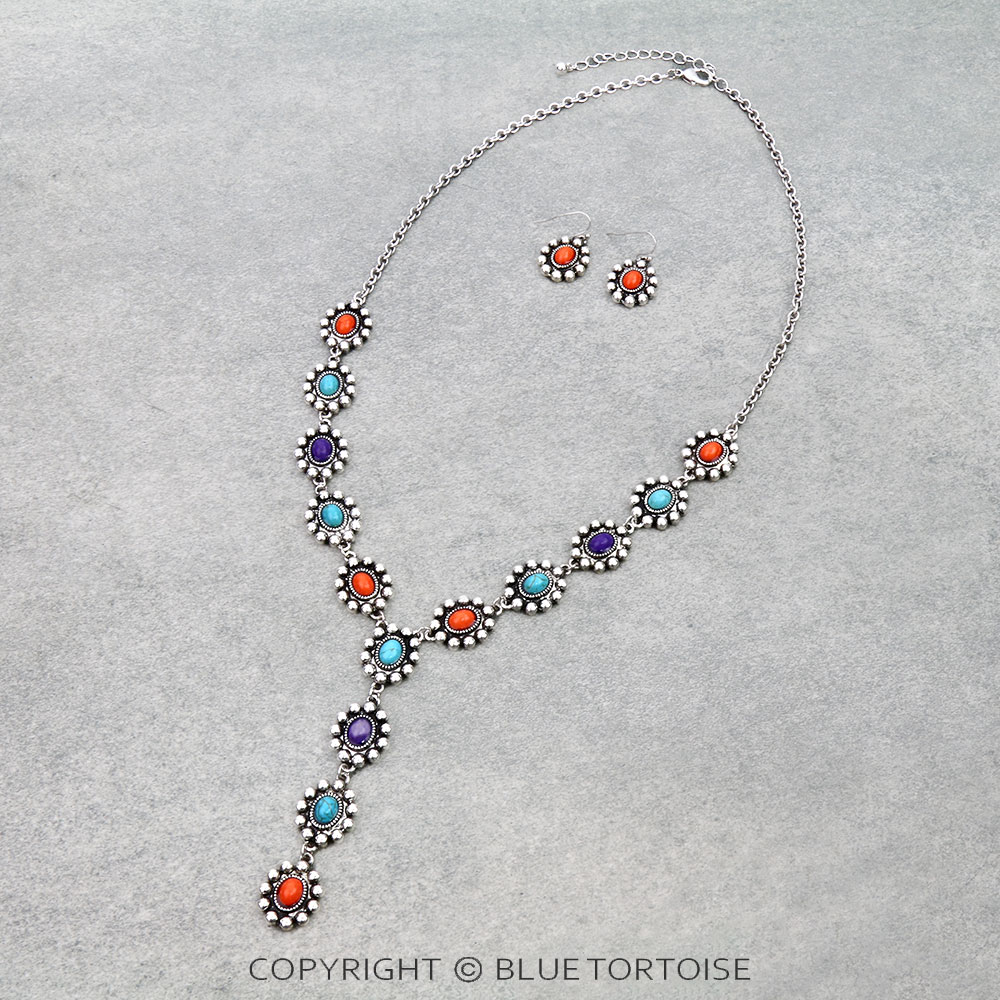 Western Concho Stone Y Necklace Set