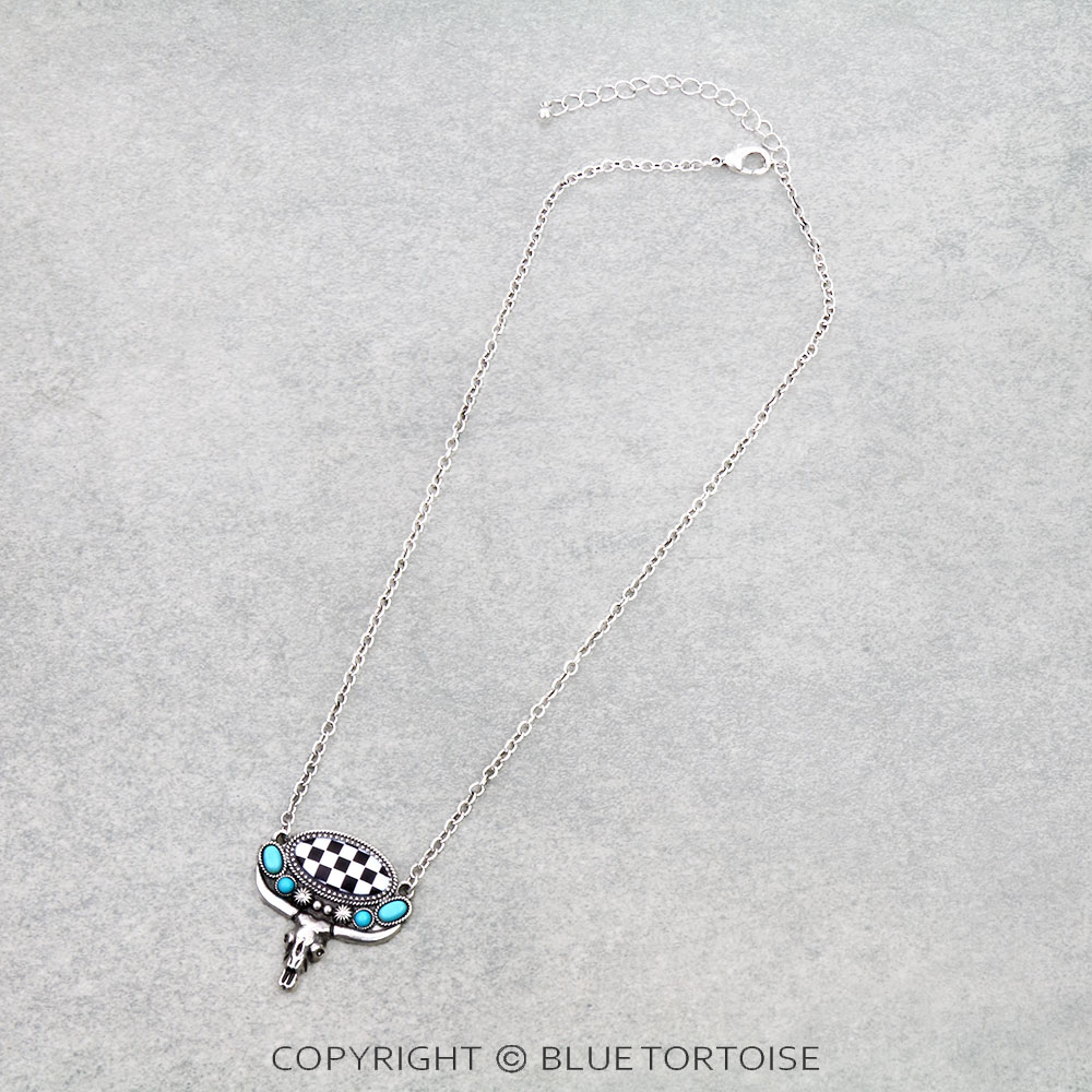 Checker Pattern Oval with Steer Skull Necklace