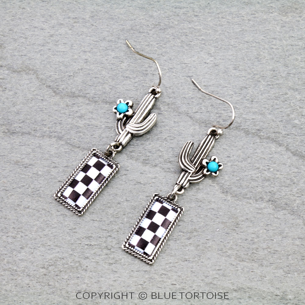 Checker Pattern Bar with Cactus Dangle Earrings