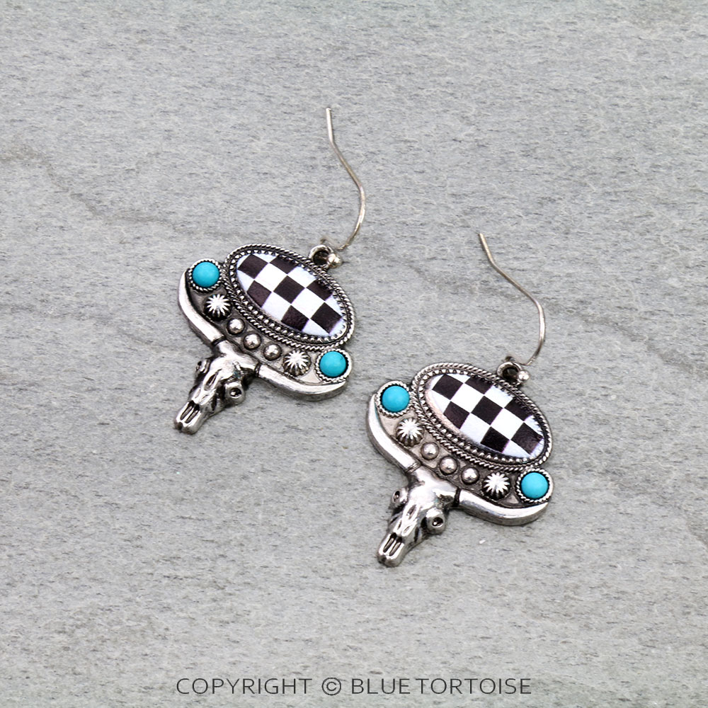 Checker Pattern Oval with Steer Skull Dangle Earrings
