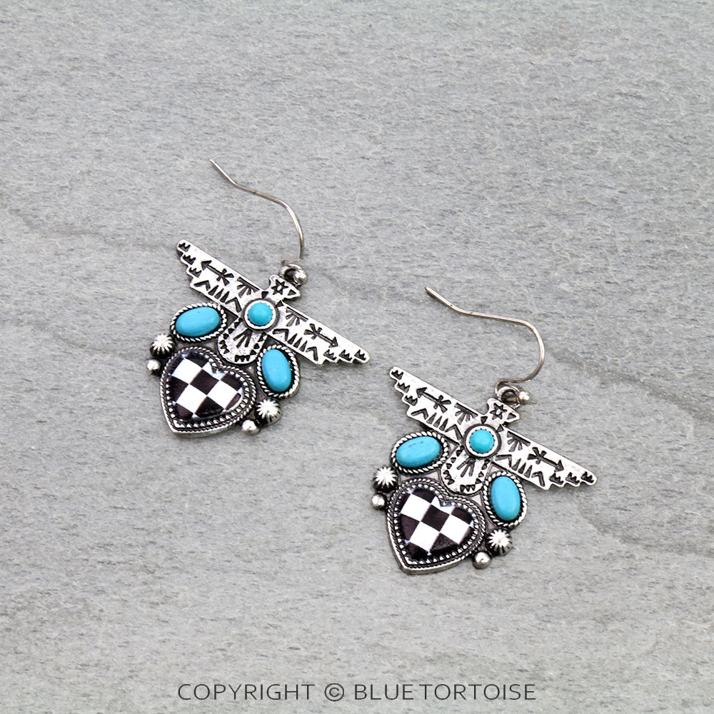 Checker Pattern Heart with Thunderbird Dangle Earrings