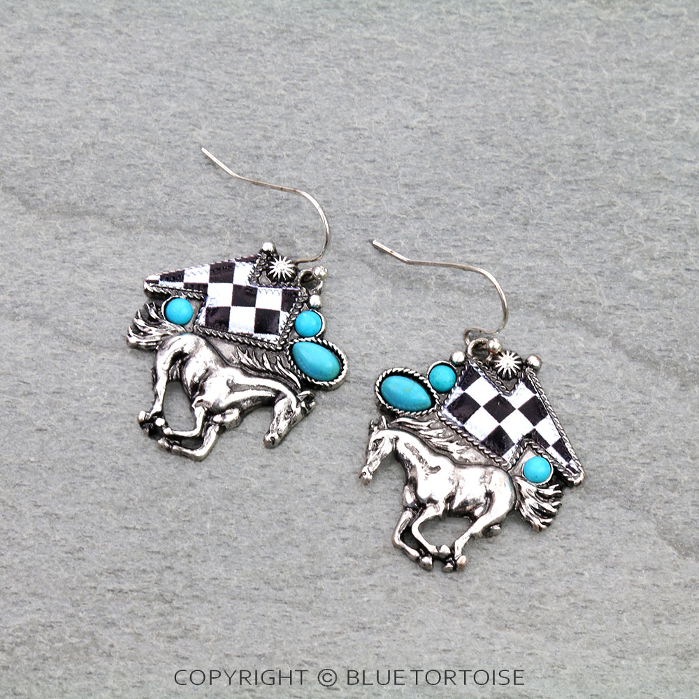 Checker Pattern Thunder with Horse Dangle Earrings