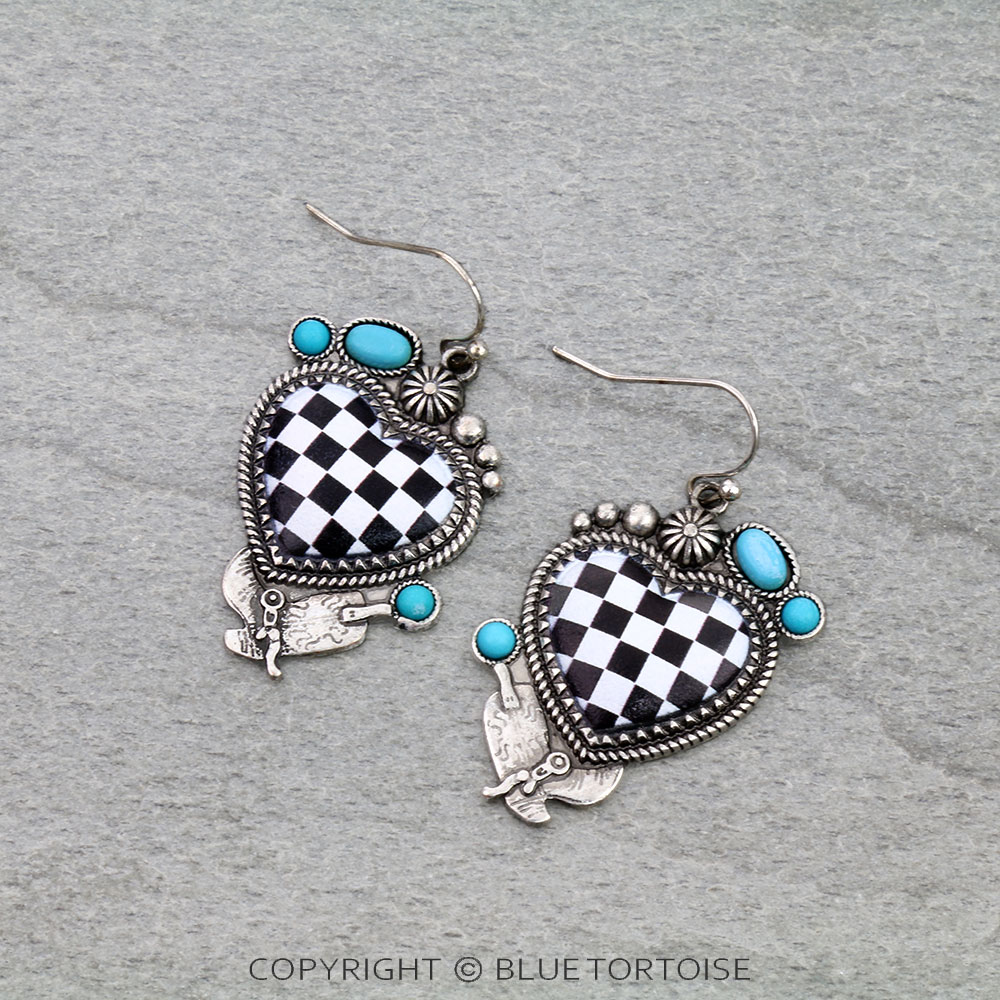Checker Pattern Heart with Boot Dangle Earrings