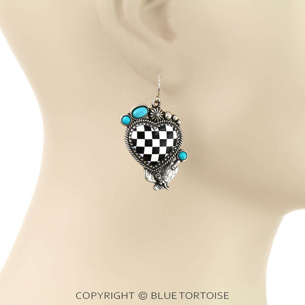 Checker Pattern Heart with Boot Dangle Earrings - Image 2