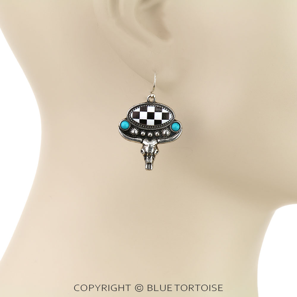 Checker Pattern Oval with Steer Skull Dangle Earrings - Image 2